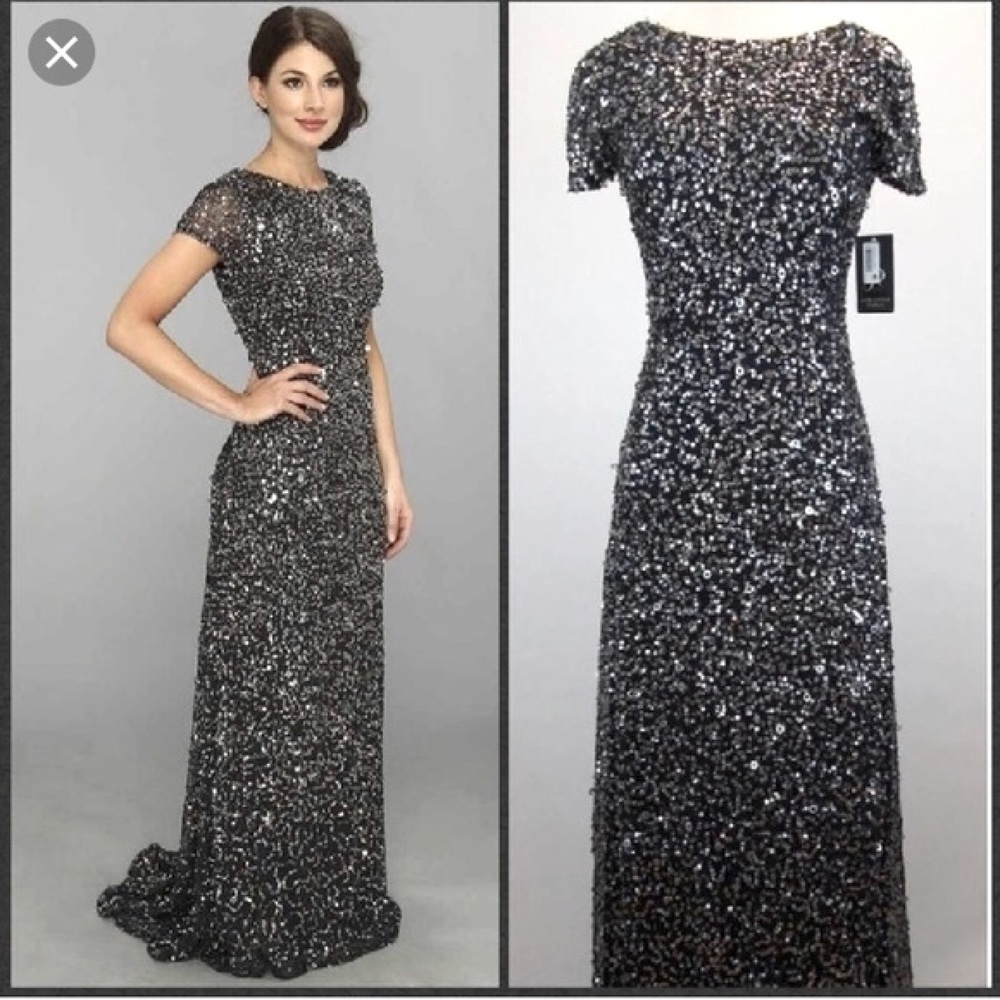 Adrianna Papell charcoal short sleeve beaded gown